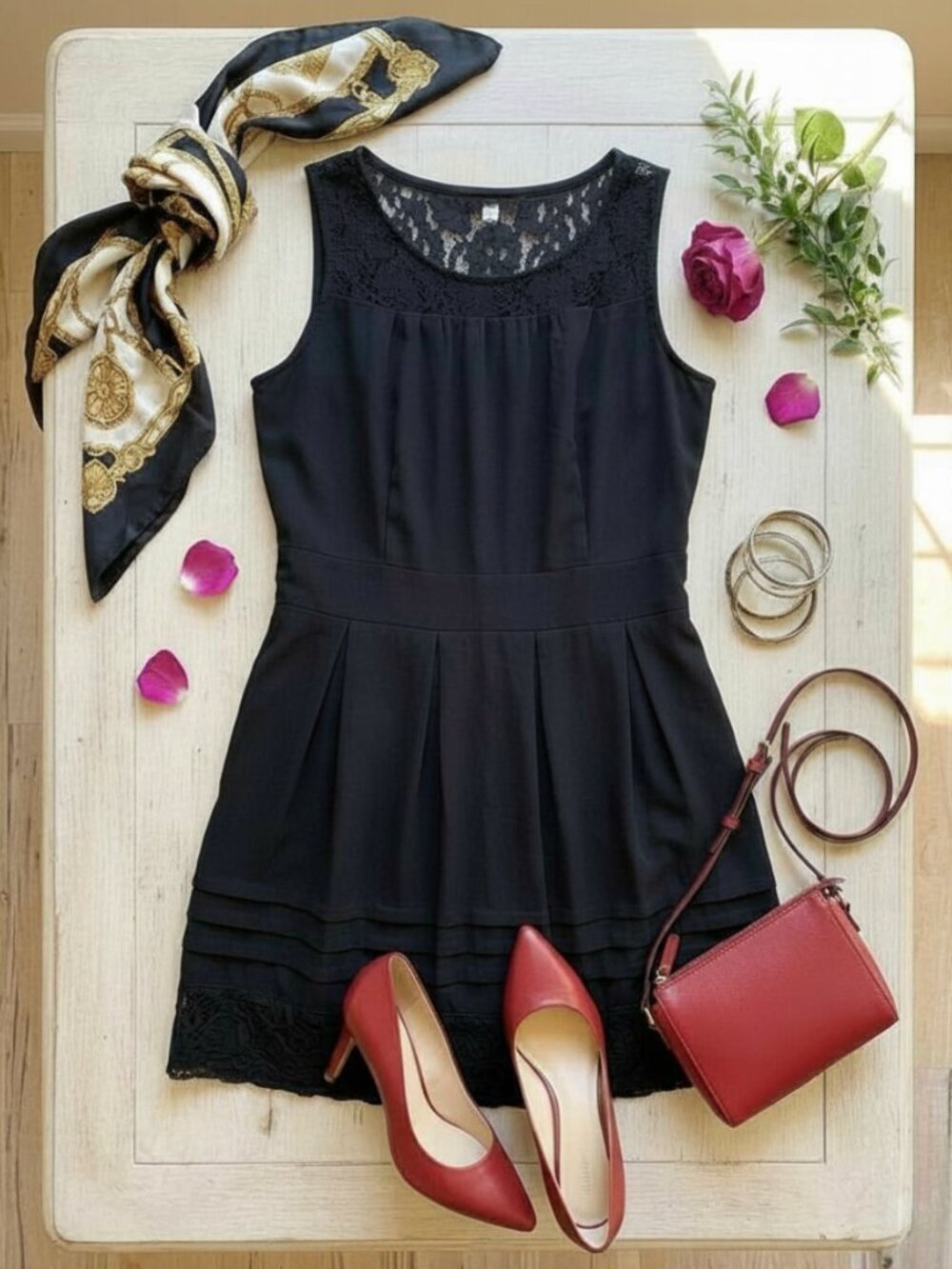 Black Sleeveless Dress Lace Yoke Pleated Front Size Large